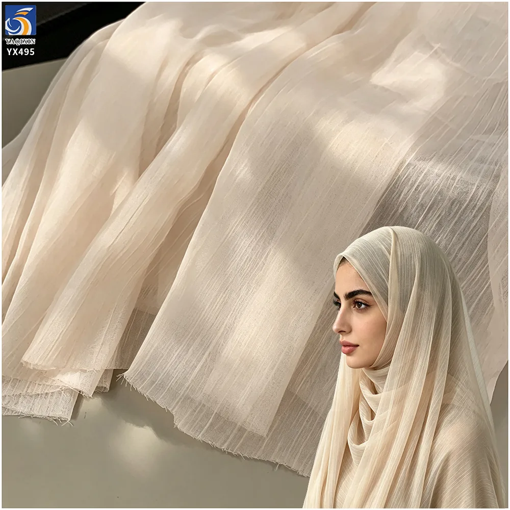 YX495 Arabic Headdress Scarf Silk Chiffon Wrinkle Fabric 42gsm White Polyester French Wrinkled Crepe Silk Chiffon Fabric