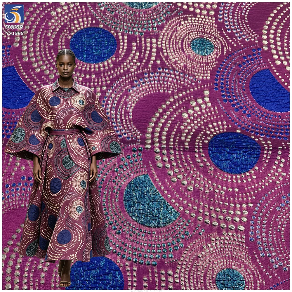 YX1565 Ethnic Style Polyester Metallic Jacquard Brocade Fabric With Circular Pattern for Traditional Garments and Robes