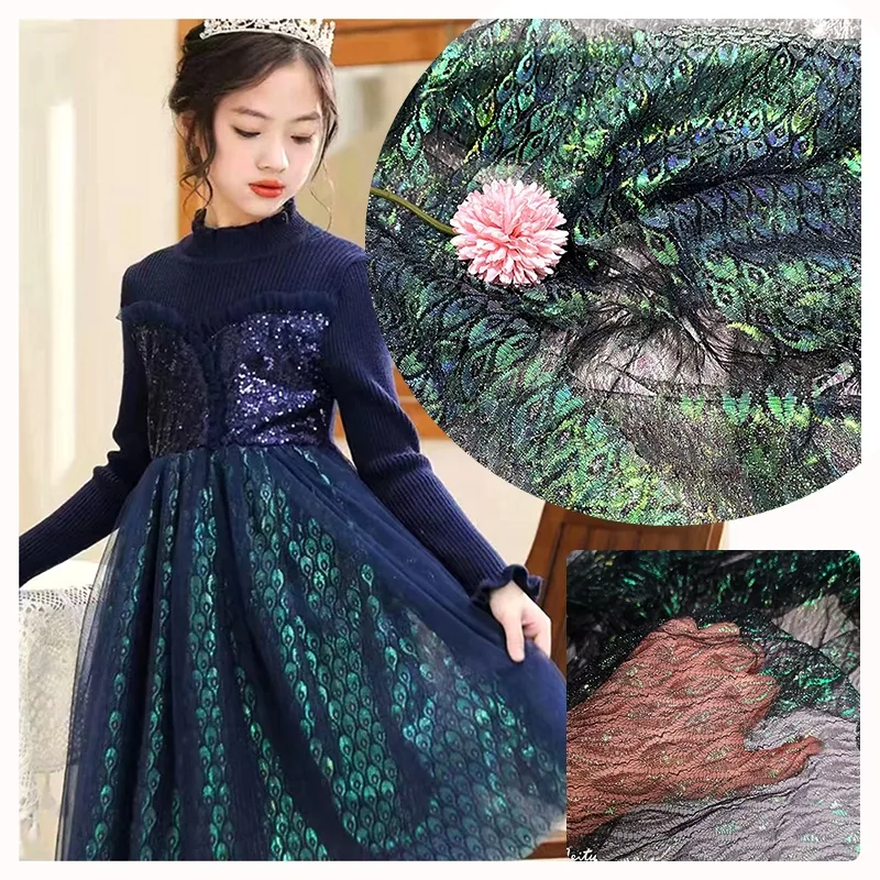 KT42 2026 New Arrival Tulle Colorful Laser Peacock Feathers Print Polyester Mesh Fabric Girls Dress Party
