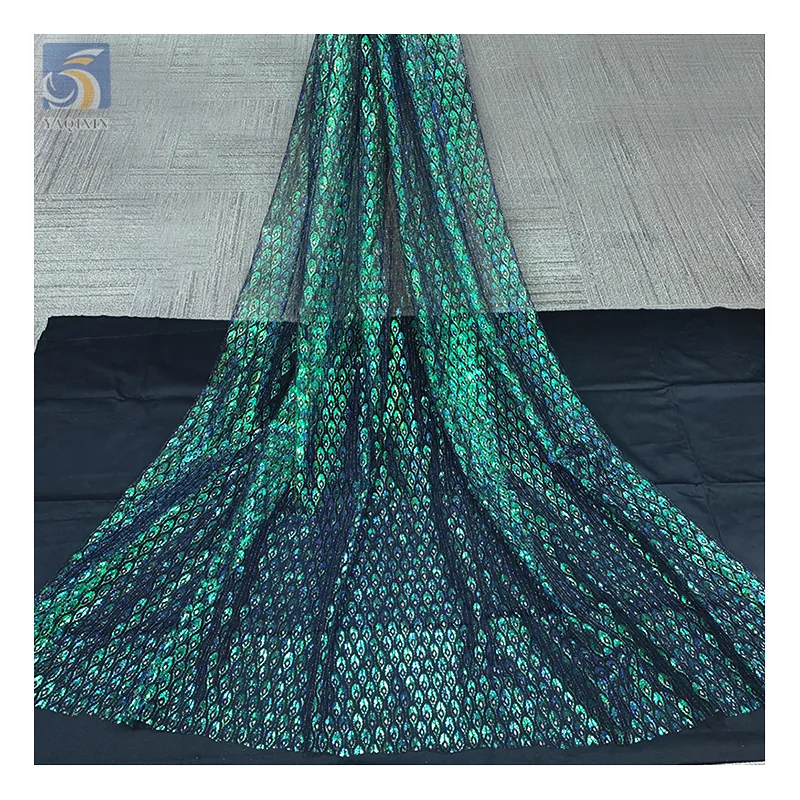 KT42 2026 New Arrival Tulle Colorful Laser Peacock Feathers Print Polyester Mesh Fabric Girls Dress Party