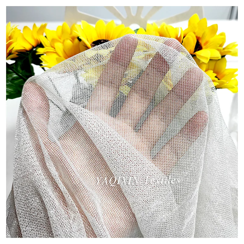 High Quality 95% Nylon 5% Spandex Stretch Knitted 6430 Mesh Tulle Fabric Shimmer White Tulle Wedding Dress Bridal Fabric