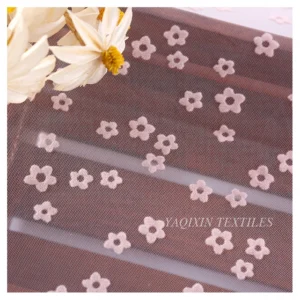Girls Skirt Floral White Flocked Print 100%Nylon Mesh Fabric Tulle Roll Fabric Textile Wholesaler