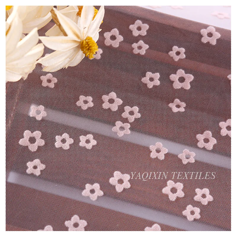 Girls Skirt Floral White Flocked Print 100%Nylon Mesh Fabric Tulle Roll Fabric Textile Wholesaler
