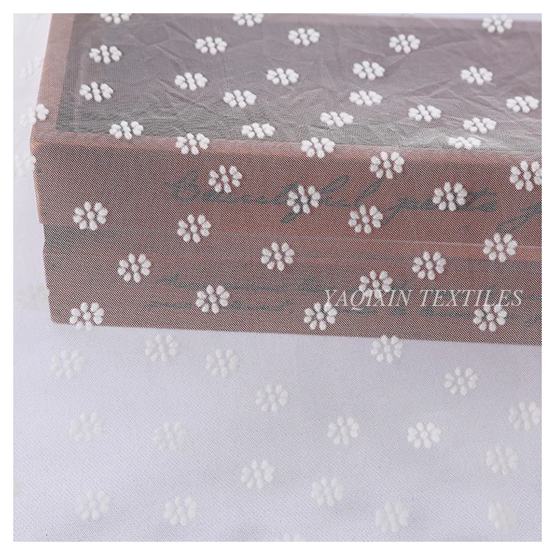 Girls Skirt Floral White Flocked Print 100%Nylon Mesh Fabric Tulle Roll Fabric Textile Wholesaler
