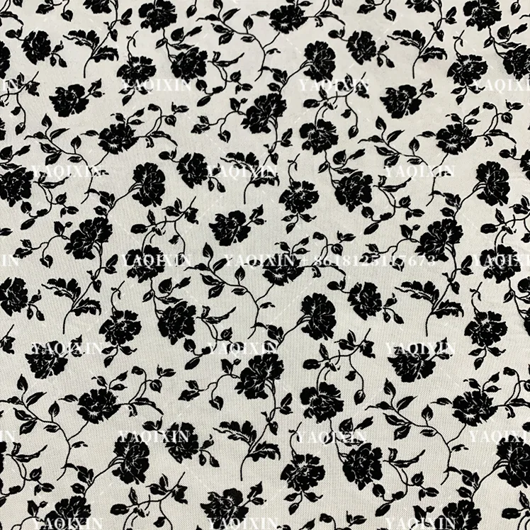 YX1155 2026 Popular Flocked Black Floral Mesh Fabric 4-Way Stretch Power Net Mesh Fabric With Black Floral Flock for Clothing