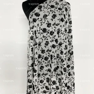 YX1155 2026 Popular Flocked Black Floral Mesh Fabric 4-Way Stretch Power Net Mesh Fabric With Black Floral Flock for Clothing