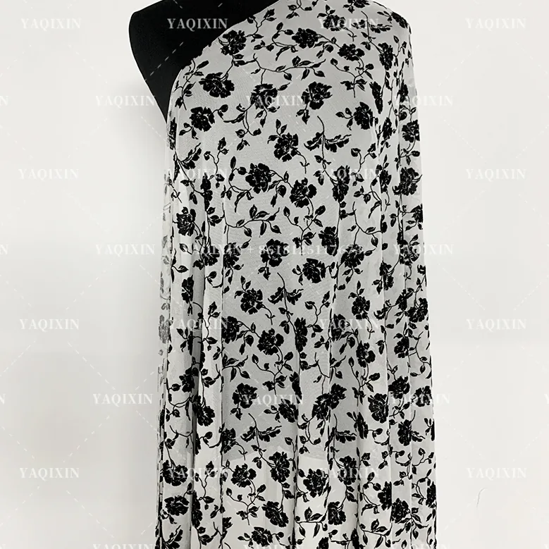 YX1155 2026 Popular Flocked Black Floral Mesh Fabric 4-Way Stretch Power Net Mesh Fabric With Black Floral Flock for Clothing