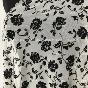 YX1155 2026 Popular Flocked Black Floral Mesh Fabric 4-Way Stretch Power Net Mesh Fabric With Black Floral Flock for Clothing
