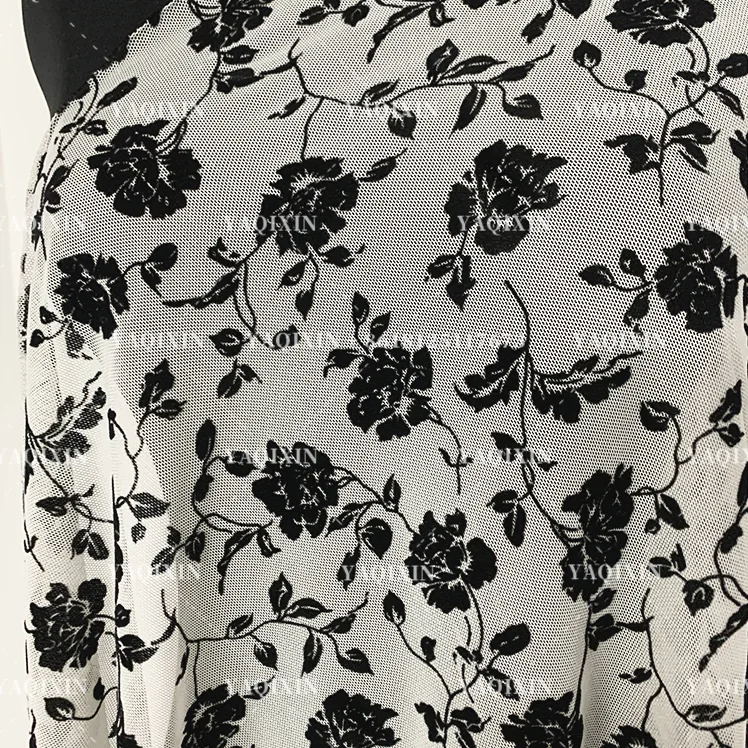 YX1155 2026 Popular Flocked Black Floral Mesh Fabric 4-Way Stretch Power Net Mesh Fabric With Black Floral Flock for Clothing