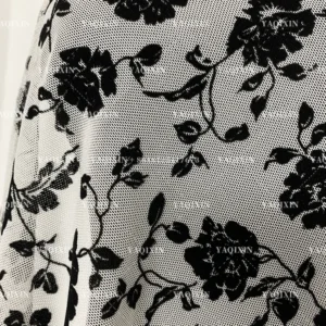 YX1155 2026 Popular Flocked Black Floral Mesh Fabric 4-Way Stretch Power Net Mesh Fabric With Black Floral Flock for Clothing