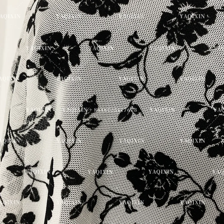 YX1155 2026 Popular Flocked Black Floral Mesh Fabric 4-Way Stretch Power Net Mesh Fabric With Black Floral Flock for Clothing