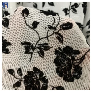YX1155 2026 Popular Flocked Black Floral Mesh Fabric 4-Way Stretch Power Net Mesh Fabric With Black Floral Flock for Clothing