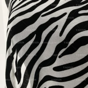 YX1154 Hot Selling Animal Zebra Print Flocked Mesh Fabric Spandex Four-Way Stretch Black Zebra Flocked Mesh Dress Fabric 2026