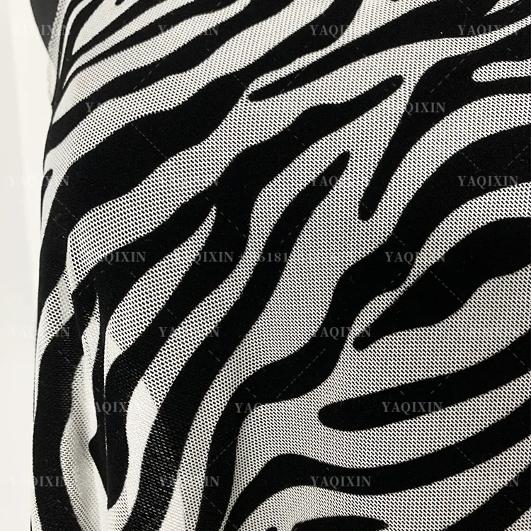 YX1154 Hot Selling Animal Zebra Print Flocked Mesh Fabric Spandex Four-Way Stretch Black Zebra Flocked Mesh Dress Fabric 2026