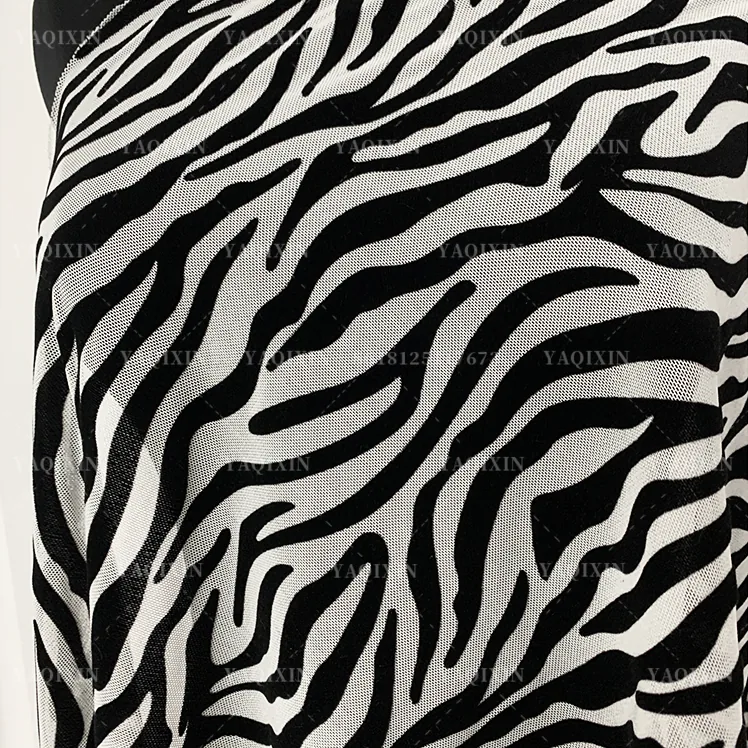 YX1154 Hot Selling Animal Zebra Print Flocked Mesh Fabric Spandex Four-Way Stretch Black Zebra Flocked Mesh Dress Fabric 2026