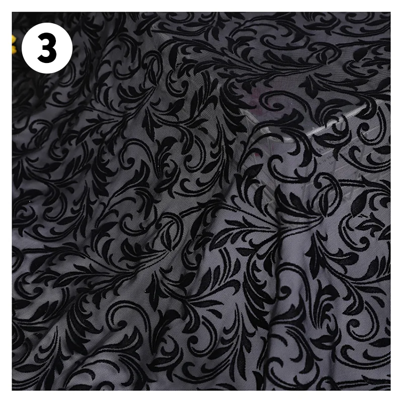 2024 Custom Design Pattern Flock Stretch Tulle Fabric Nylon Spandex Stretch Flocked Mesh Tulle Fabric for Dress