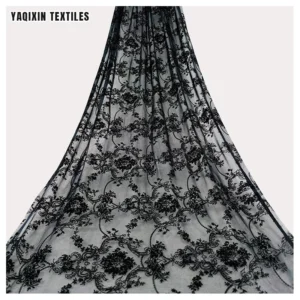In Stock Polyester Spandex Flocked Floral Mesh Lace Fabric in Black 4 Way Stretch Power Mesh Net Fabric for Dress