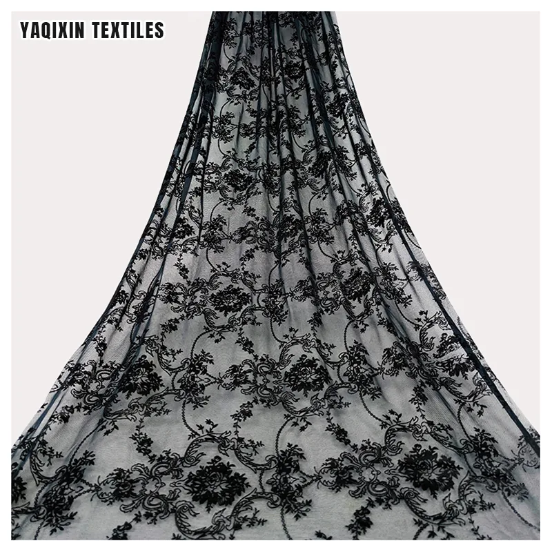 In Stock Polyester Spandex Flocked Floral Mesh Lace Fabric in Black 4 Way Stretch Power Mesh Net Fabric for Dress