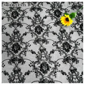 In Stock Polyester Spandex Flocked Floral Mesh Lace Fabric in Black 4 Way Stretch Power Mesh Net Fabric for Dress