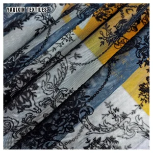 In Stock Polyester Spandex Flocked Floral Mesh Lace Fabric in Black 4 Way Stretch Power Mesh Net Fabric for Dress