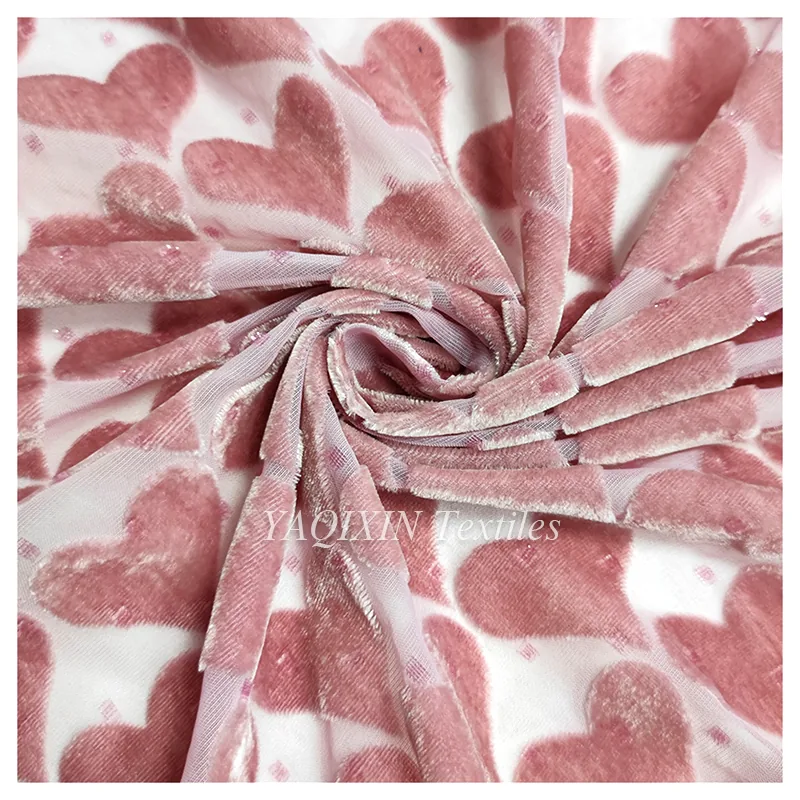 2026 New Arrivals Burnt Out Flocking Mesh Velvet Lace Fabric Heart Spandex Nylon Knitted Stretch Power Mesh Fabric