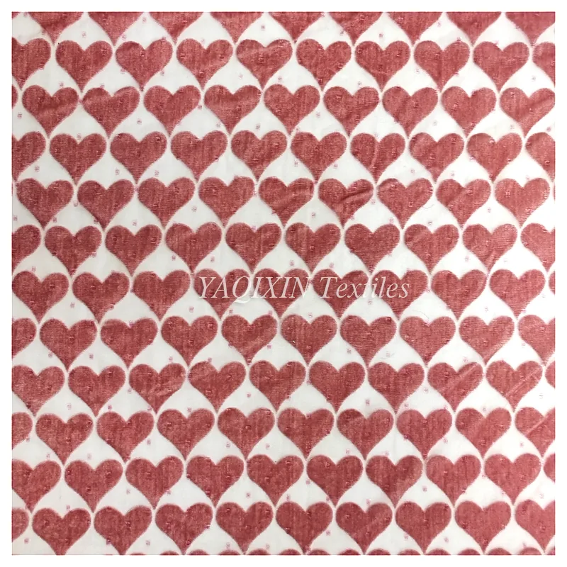 2026 New Arrivals Burnt Out Flocking Mesh Velvet Lace Fabric Heart Spandex Nylon Knitted Stretch Power Mesh Fabric