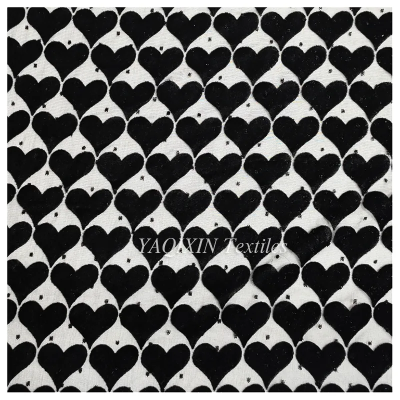 2026 New Arrivals Burnt Out Flocking Mesh Velvet Lace Fabric Heart Spandex Nylon Knitted Stretch Power Mesh Fabric