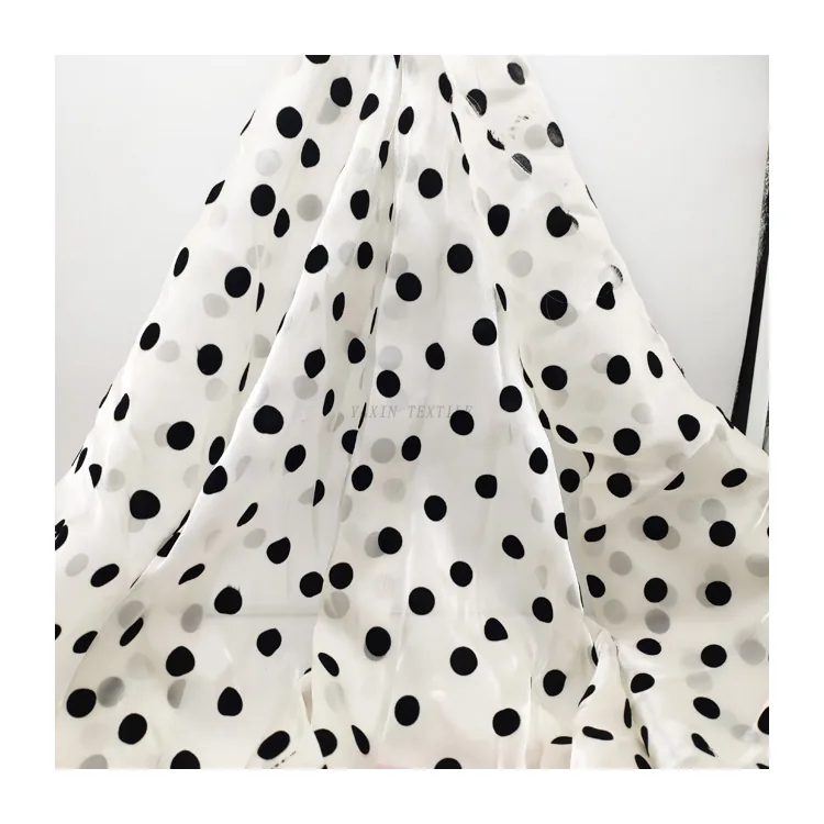 Guangzhou Manufacturer Wholesale Price White 100 Polyester Flocked Black Polka Dot Organza Fabric