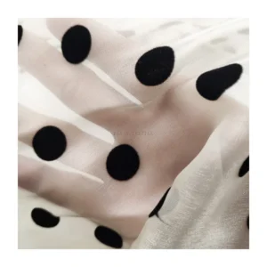 Guangzhou Manufacturer Wholesale Price White 100 Polyester Flocked Black Polka Dot Organza Fabric