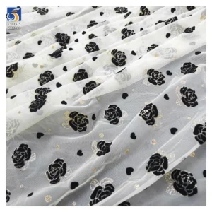 Latest Flashy Tulle Fabric Black Gold Glitter Rose Flowers Flocked Mesh Fabric Tulle 5 Yards High Quality