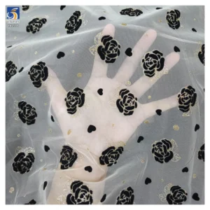 Latest Flashy Tulle Fabric Black Gold Glitter Rose Flowers Flocked Mesh Fabric Tulle 5 Yards High Quality