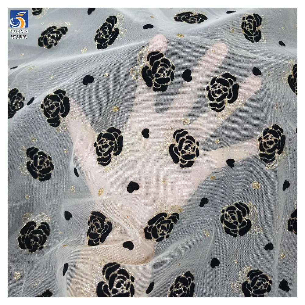 Latest Flashy Tulle Fabric Black Gold Glitter Rose Flowers Flocked Mesh Fabric Tulle 5 Yards High Quality