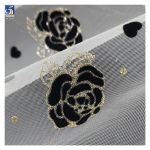 Latest Flashy Tulle Fabric Black Gold Glitter Rose Flowers Flocked Mesh Fabric Tulle 5 Yards High Quality