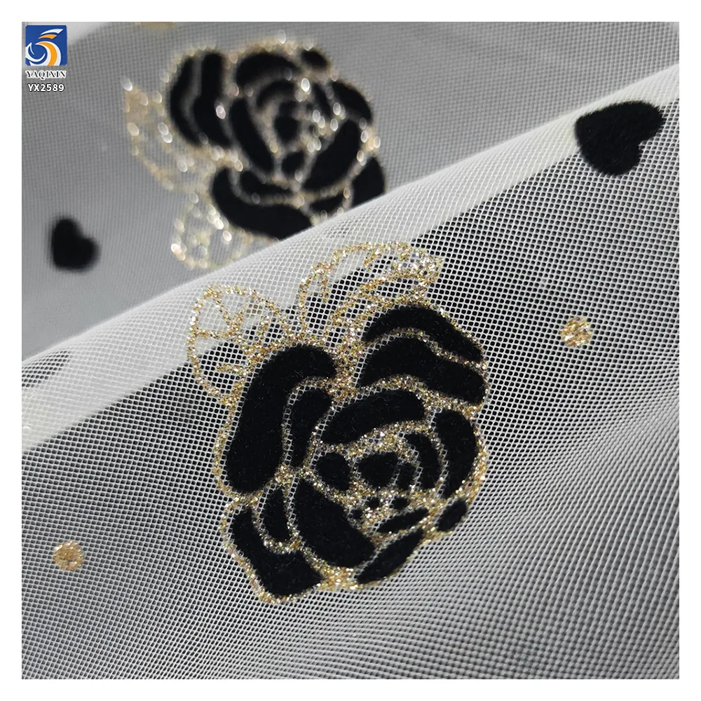 Latest Flashy Tulle Fabric Black Gold Glitter Rose Flowers Flocked Mesh Fabric Tulle 5 Yards High Quality