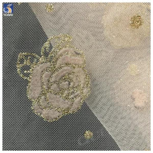 Latest Flashy Tulle Fabric Black Gold Glitter Rose Flowers Flocked Mesh Fabric Tulle 5 Yards High Quality