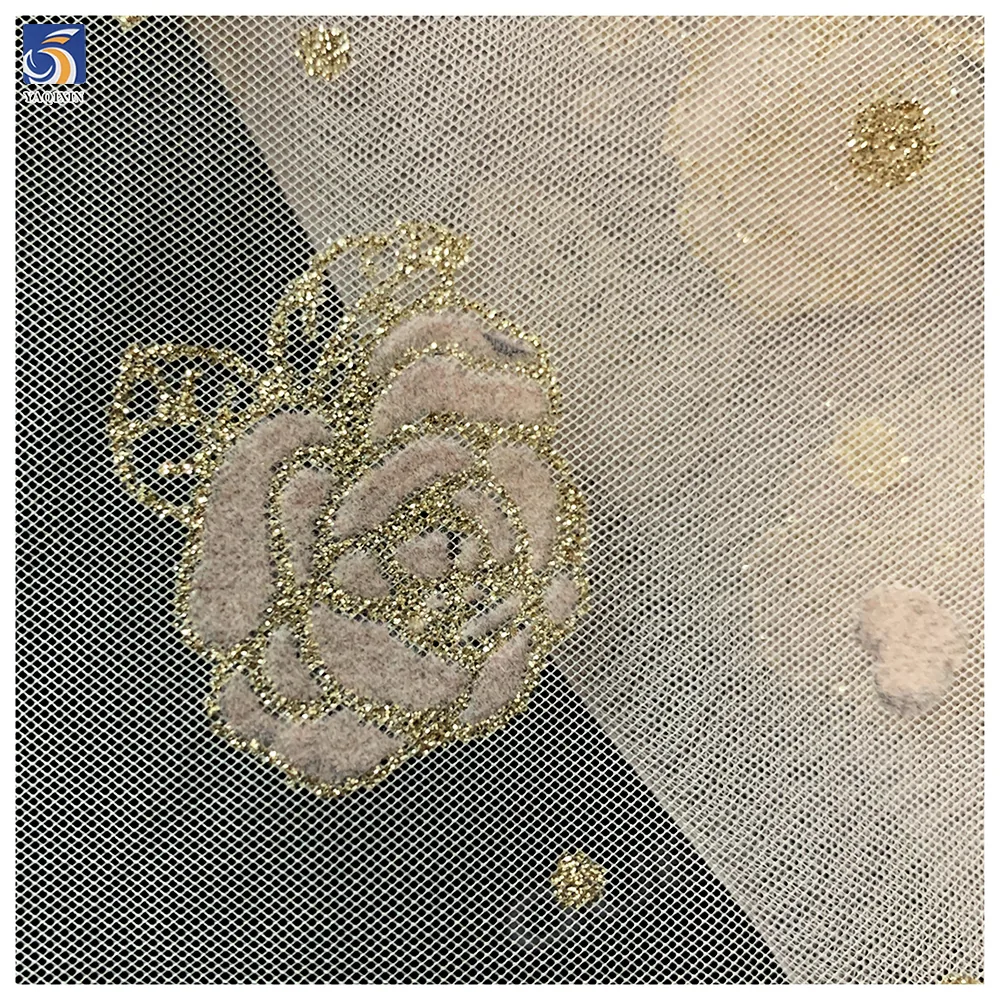 Latest Flashy Tulle Fabric Black Gold Glitter Rose Flowers Flocked Mesh Fabric Tulle 5 Yards High Quality