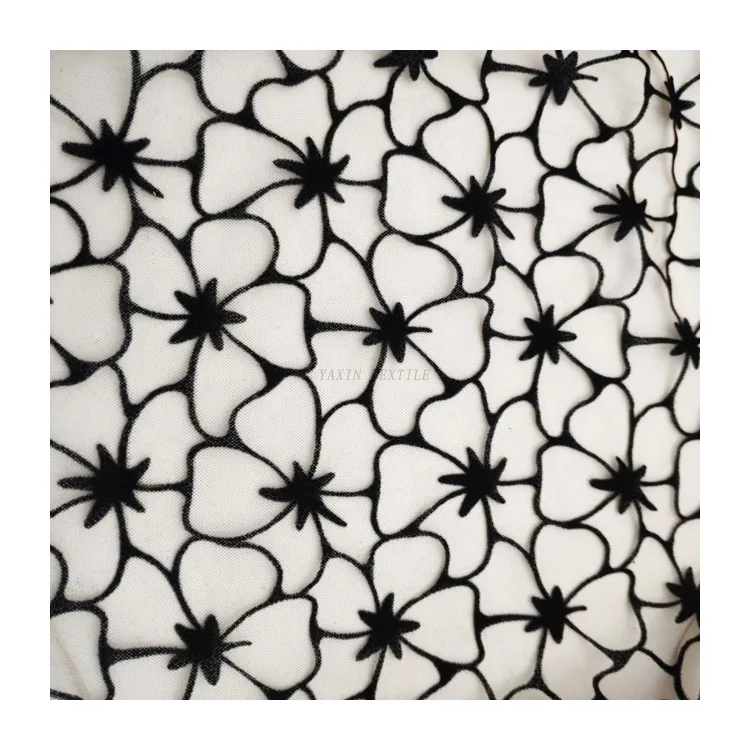 DX163 Fashionable Floral 100% Polyester Black Flocked Tulle Mesh Fabric With Flocking Velvet