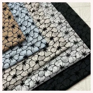 DX163 Fashionable Floral 100% Polyester Black Flocked Tulle Mesh Fabric With Flocking Velvet