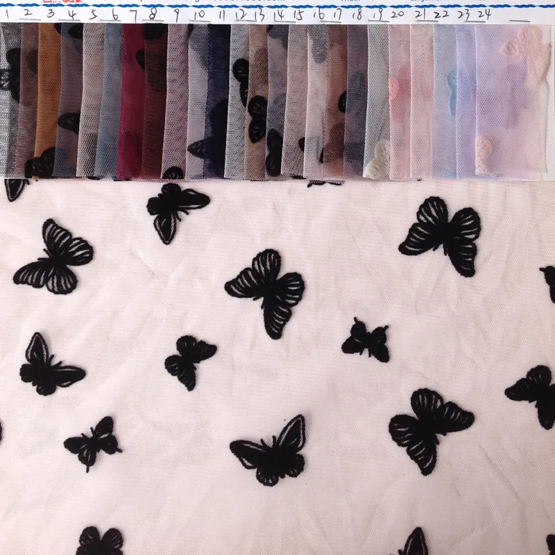New Trends Tulle Dress Curtain Fabric Flocking Black Butterfly Mesh Fabric New Fashion Tulle for Woman