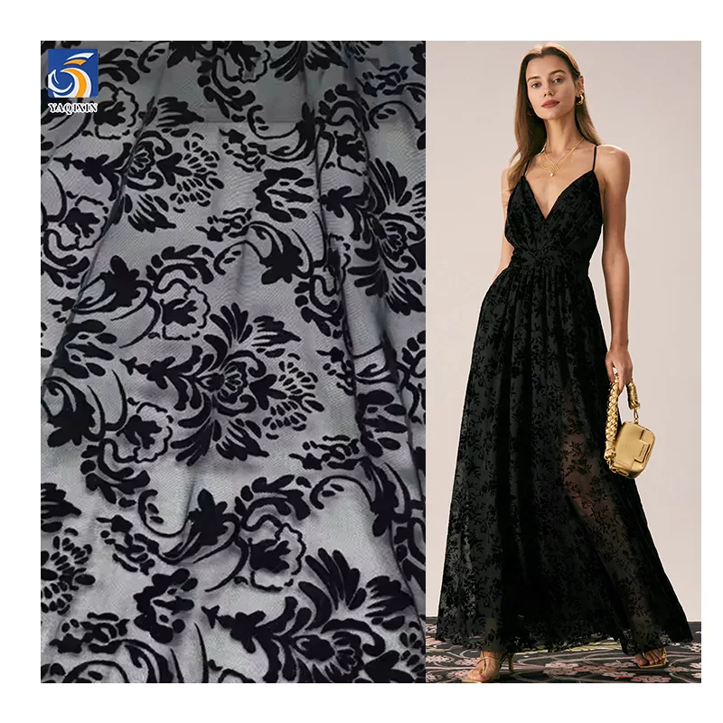 2024 Sexy Lingerie Custom Black Flocking Pattern Mesh Fabric 4-Way Stretch Power Mesh Fabric with Flocked