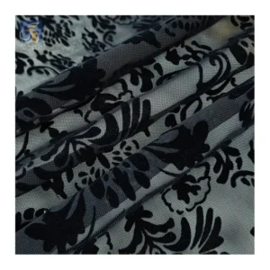 2024 Sexy Lingerie Custom Black Flocking Pattern Mesh Fabric 4-Way Stretch Power Mesh Fabric with Flocked