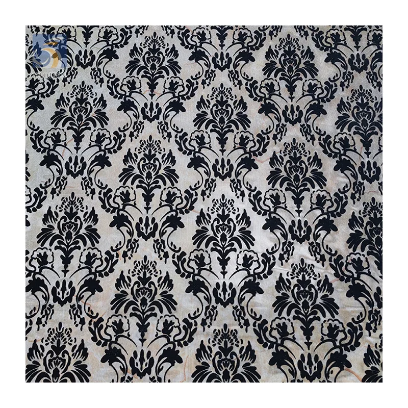 2024 Sexy Lingerie Custom Black Flocking Pattern Mesh Fabric 4-Way Stretch Power Mesh Fabric with Flocked