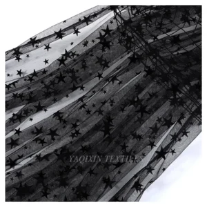 Deep Black Soft Tulle Mesh Fabric with Star Flocking Print for Women Dress Lining Fabric