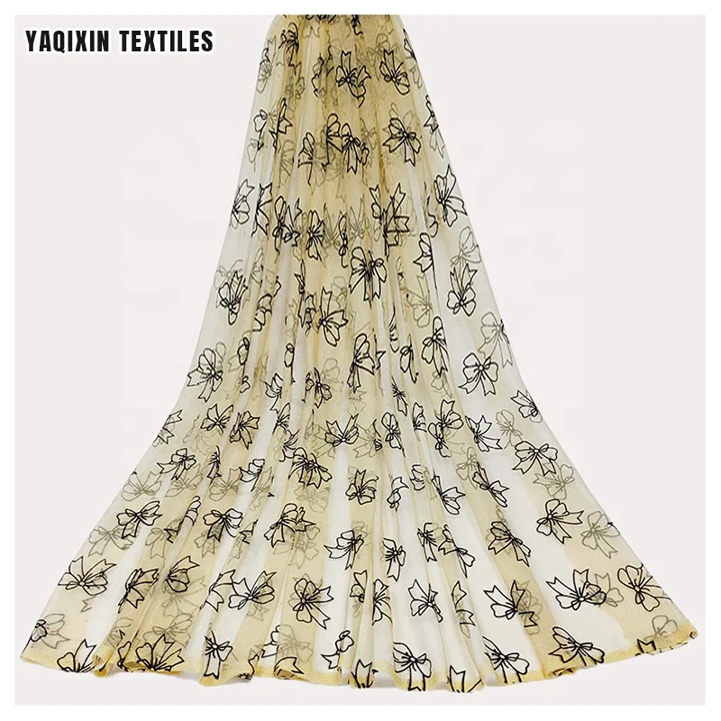 By Yards Custom Bow Flocking Polyester Tulle Mesh Fabric with Glitter Tulle Girl Babay Dress Clothing Fabric Textile