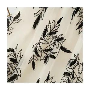 Fashion Design Soft Sheer Crepe Printed Pleated Tulle Fabric Leaf Pattern Flocking With Mesh Woven for Weddings Curtains Girls