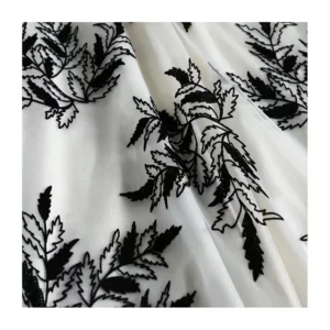 Fashion Design Soft Sheer Crepe Printed Pleated Tulle Fabric Leaf Pattern Flocking With Mesh Woven for Weddings Curtains Girls