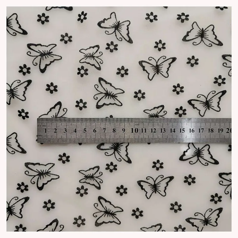Butterfly Flower Flocking Printed Voile Tulle Fabric Black Velvet Flocked Mesh Lace Fabric for Women Dress