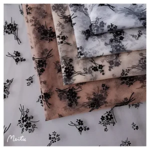 ZRT006 Fashion Fairy Style Black Floral Design Flocking Tulle Fabric Polyester Flocked Floral Mesh Fabric for Dress