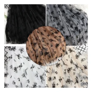 ZRT006 Fashion Fairy Style Black Floral Design Flocking Tulle Fabric Polyester Flocked Floral Mesh Fabric for Dress