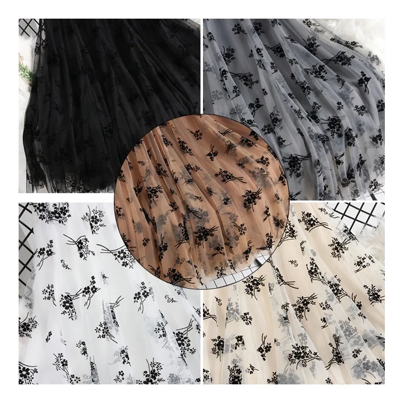 ZRT006 Fashion Fairy Style Black Floral Design Flocking Tulle Fabric Polyester Flocked Floral Mesh Fabric for Dress